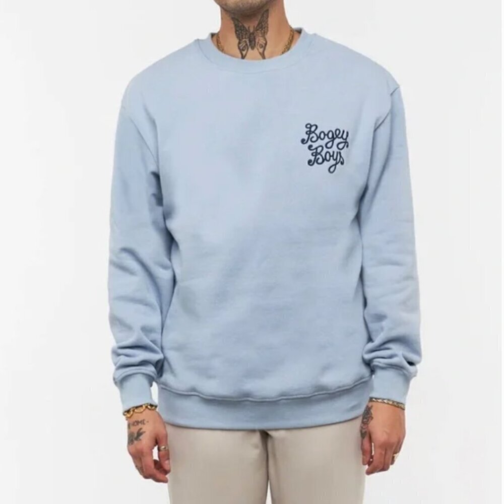 Bogey Boys Crewneck Pullover Sweatshirt Light Blue Embroidered Script Logo-Large